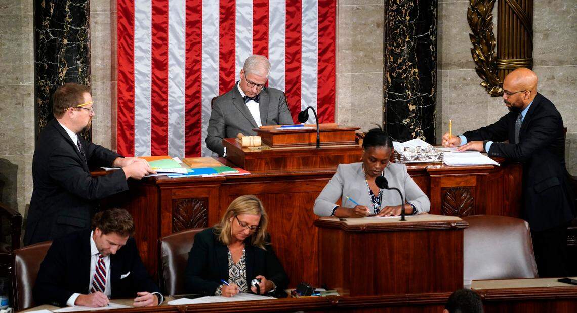 House clerks tally votes as lawmakers hold a vote to elect a new speaker in Washington on Tuesday, Oct. 17, 2023. House Republicans nominated the chair of the House Judiciary Committee, Rep. Jim Jordan, R-Ohio, to the speakership last week.