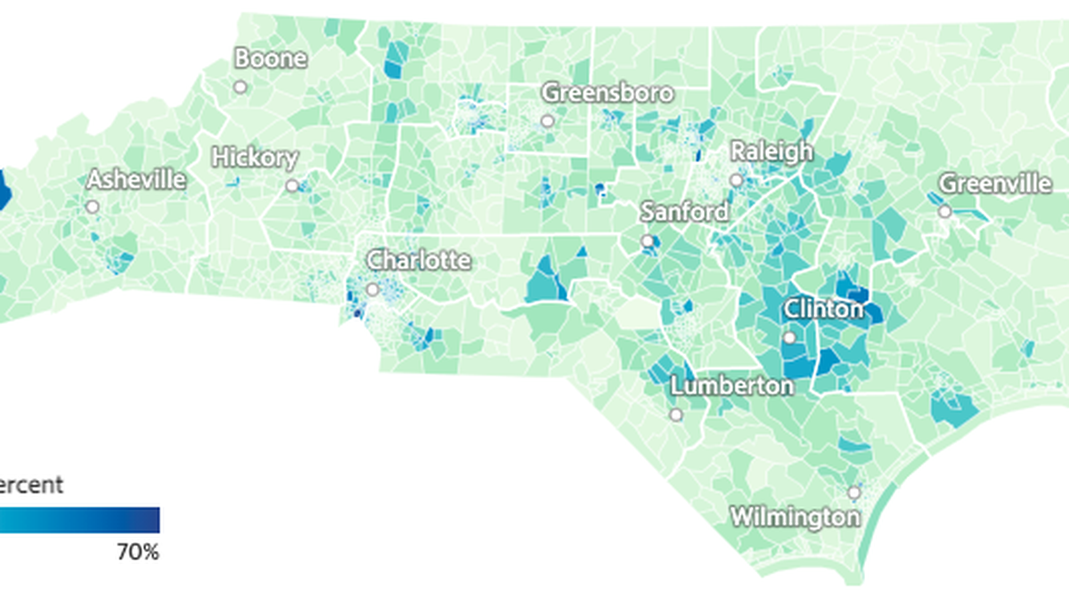 North Carolina’s Hispanic population by census tract from 2020.