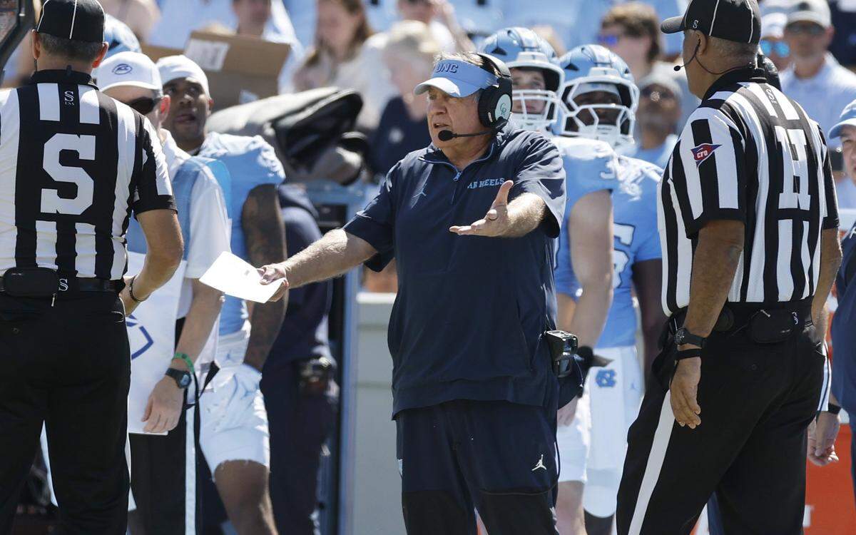 North Carolina head coach Bill Belichick is not happy with the call by the officials during the first half of UNC’s game against Clemson at Kenan Stadium in Chapel Hill, N.C., Sat. Oct. 4, 2025.