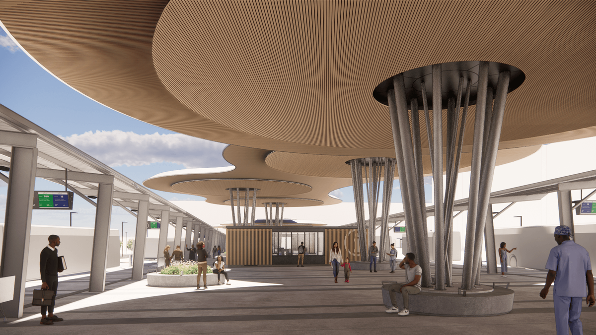 The revamped Durham Station will have new canopies to keep travelers shaded and dry when they wait for GoDurham and other buses.