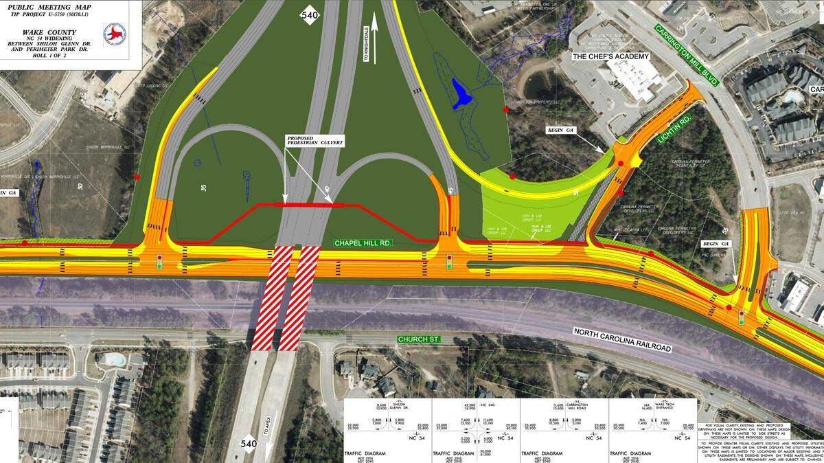 The N.C. Department of Transportation's plans to widen a stretch of N.C. 54 in Morrisville include a new ramp from Lichtin Road directly onto northbound N.C. 540 and a tunnel to carry a path for pedestrians and cyclists under the highway.