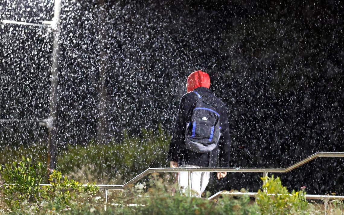 Snow falls as seen near the Talley Student Union on the campus of N.C. State in Raleigh, N.C., Friday, Jan. 10, 2025.