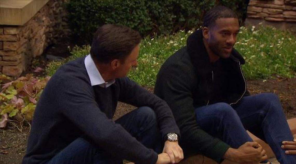 Chris Harrison, left, with Raleigh native Matt James in the season finale of “The Bachelor,” airing March 15, 2021, on ABC.