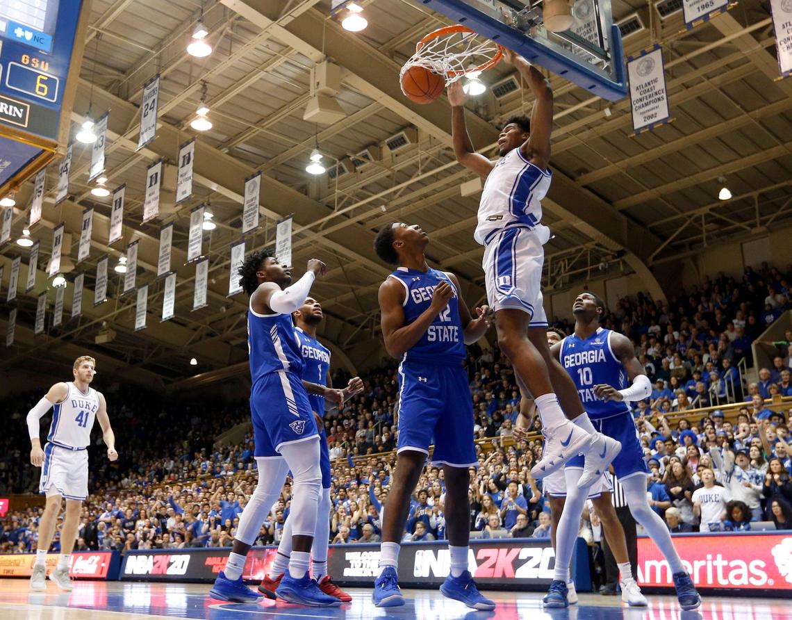 Duke’s Vernon Carey Jr. (1) slams in two during Duke’s 74-63 victory over Georgia State at Cameron Indoor Stadium in Durham, N.C., Friday, Nov. 15, 2019.