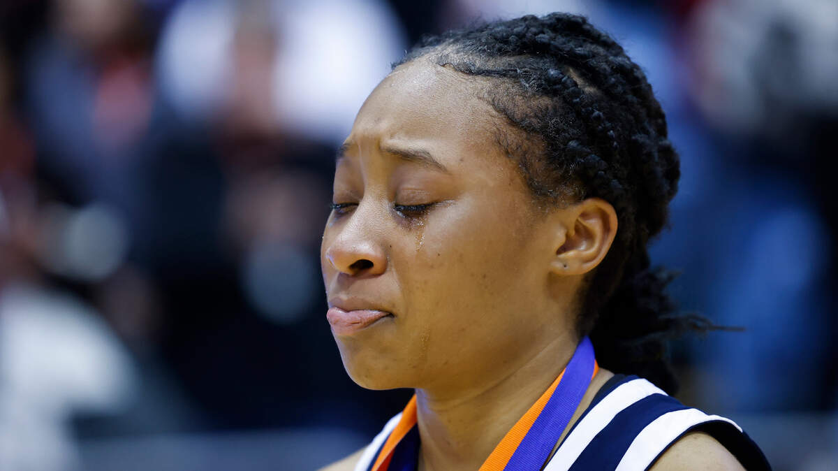 Apex Friendship’s Jada Coleman (13) reacts after losing during the NCHSAA 4A state championship game against Chambers at the Smith Center in Chapel Hill, N.C., Saturday, March 12, 2022. Chambers beat Apex Friendship 46-44.
