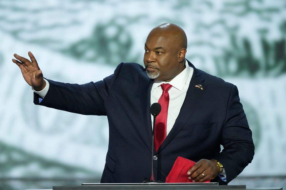Jul 15, 2024; Milwaukee, WI, USA; North Carolina Lt. Gov. Mark Robinson delivers remarks during the first day of the Republican National Convention. The RNC kicked off the first day of the convention with the roll call vote of the states. Mandatory Credit: Jasper Colt-USA TODAY