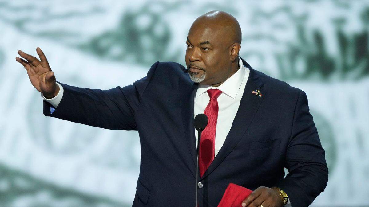 Jul 15, 2024; Milwaukee, WI, USA; North Carolina Lt. Gov. Mark Robinson delivers remarks during the first day of the Republican National Convention. The RNC kicked off the first day of the convention with the roll call vote of the states. Mandatory Credit: Jasper Colt-USA TODAY