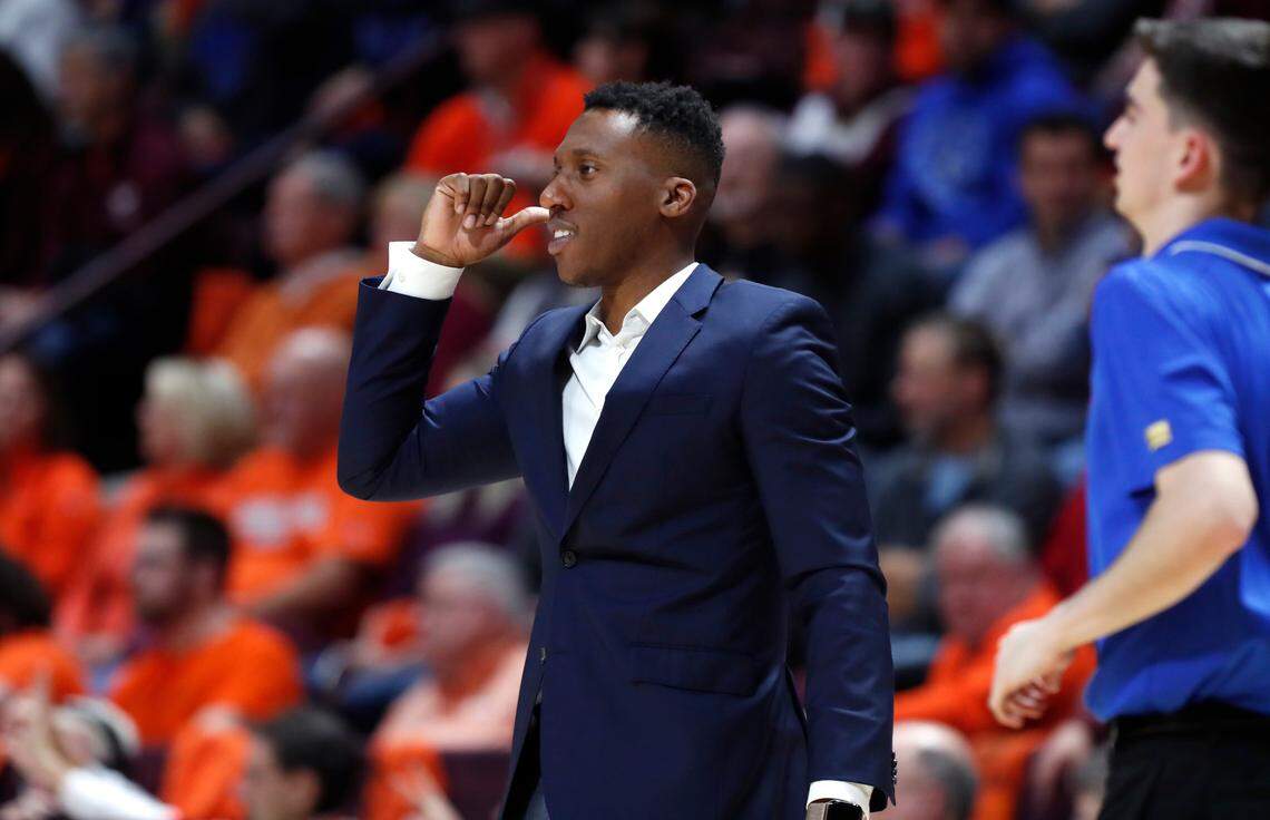 Duke’s Nolan Smith, Director of Operations & Player Development, talks to players on the court during the Blue Devils’ 77-63 victory over Virginia Tech at Cassell Coliseum in Blacksburg, VA. Friday, Dec. 6, 2019.