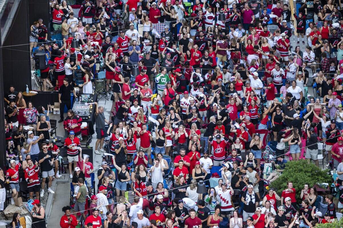 Fans cheered before the first goal during a Stanley Cup finals game 6 watch party at Smoky Hollow on June 14, 2026, in Raleigh, North Carolina.