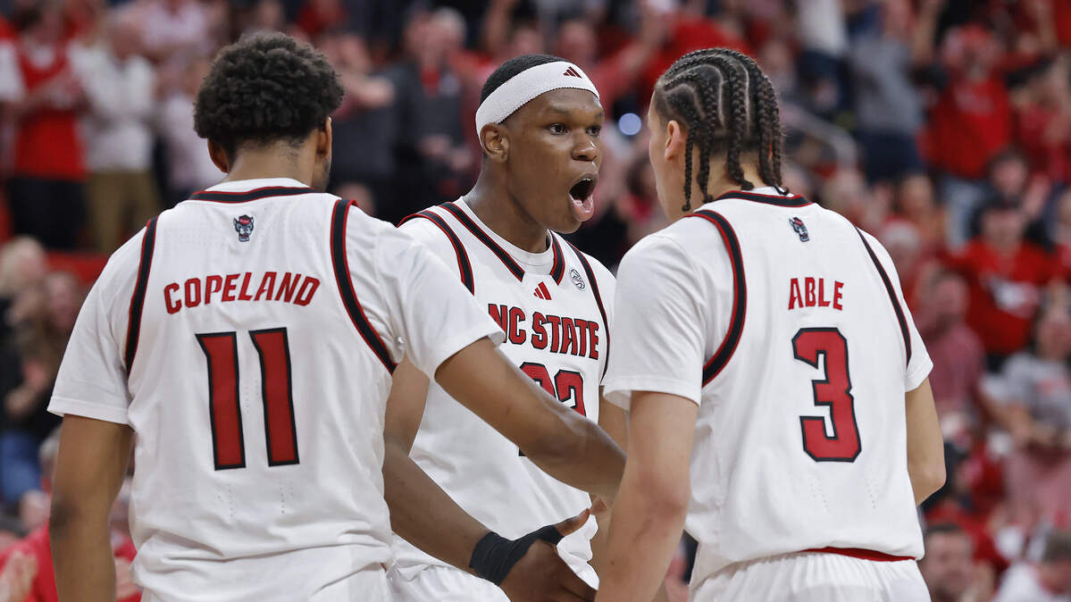 N.C. State’s Ven-Allen Lubin, center, reacts after drawing a foul during the second half of the Wolfpack’s 77-76 loss to Miami on Saturday, Feb. 14, 2026, at Lenovo Center in Raleigh, N.C.
