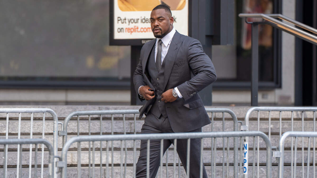 Kansas City Chiefs defensive tackle Chris Jones is seen walking to Madison Square Garden to attend the the wedding celebration of his teammate Travis Kelce and pop star Taylor Swift.