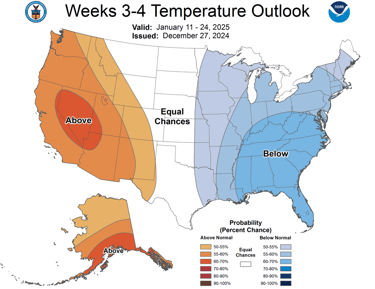 The Climate Prediction Center says there is at least a 60% chance of below-average temperatures across North Carolina through January 24.