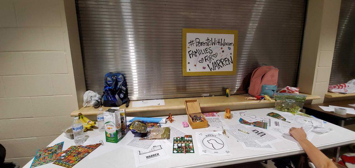 Outside the gym at Raleigh’s Broughton High School where Elizabeth Warren was holding a rally Nov. 7, 2019, a children’s area has coloring pages for kids.