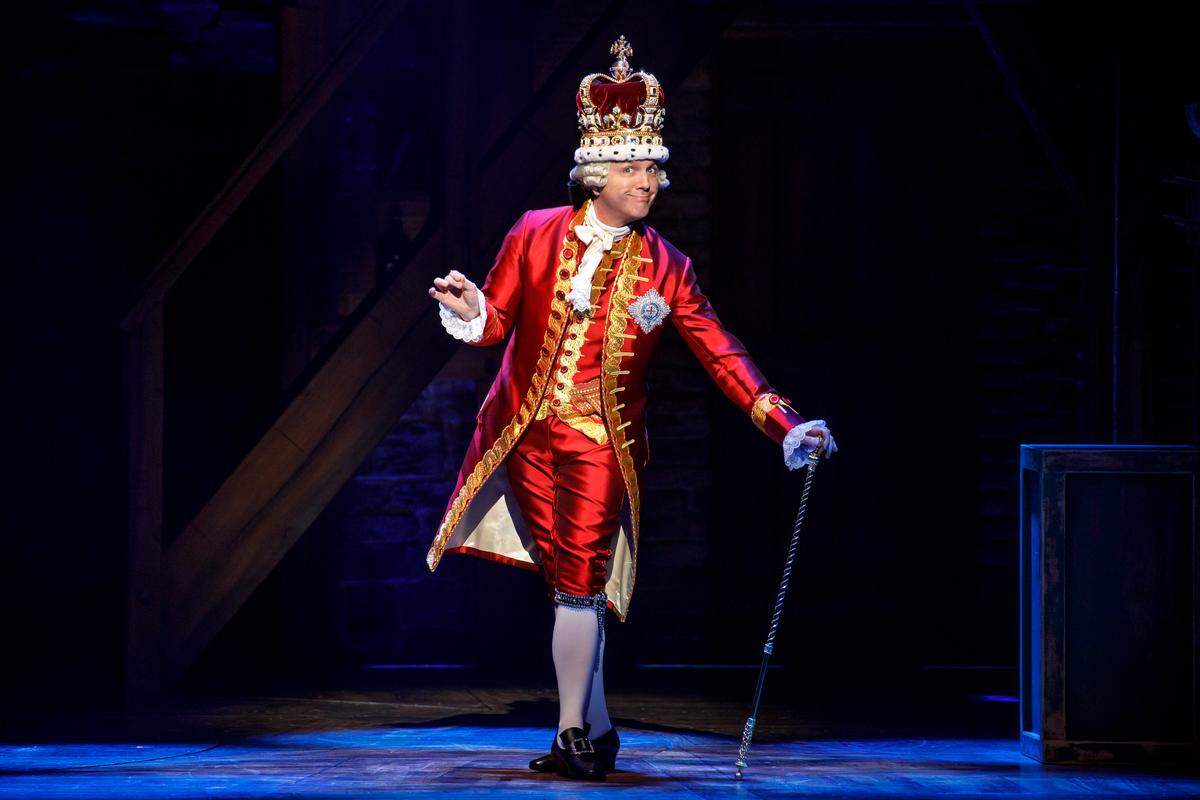 Jon Patrick Walker as  King George in “Hamilton” continuously maintains this air of pretentiousness in both his articulation and his mannerisms that are wholly appropriate for someone depicting a member of the British Royal Family.