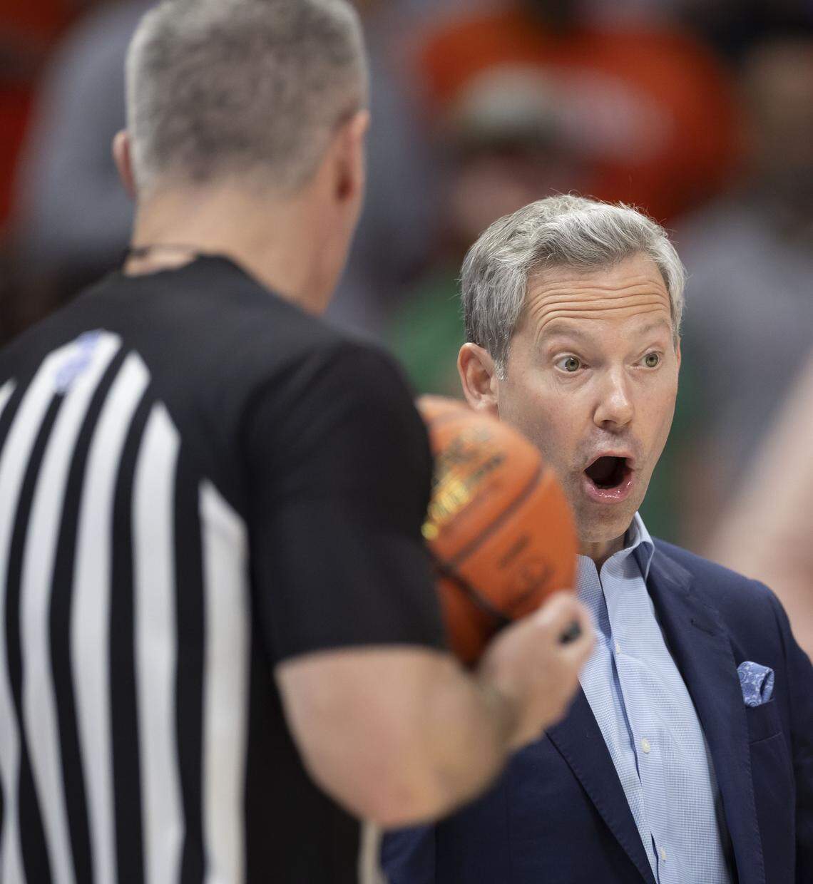 Virginia coach Ryan Odom reacts to a call by official Ron Groover in the second half against Duke on Saturday, March 14, 2026, during the ACC Tournament Championship at Spectrum Center in Charlotte, N.C.
