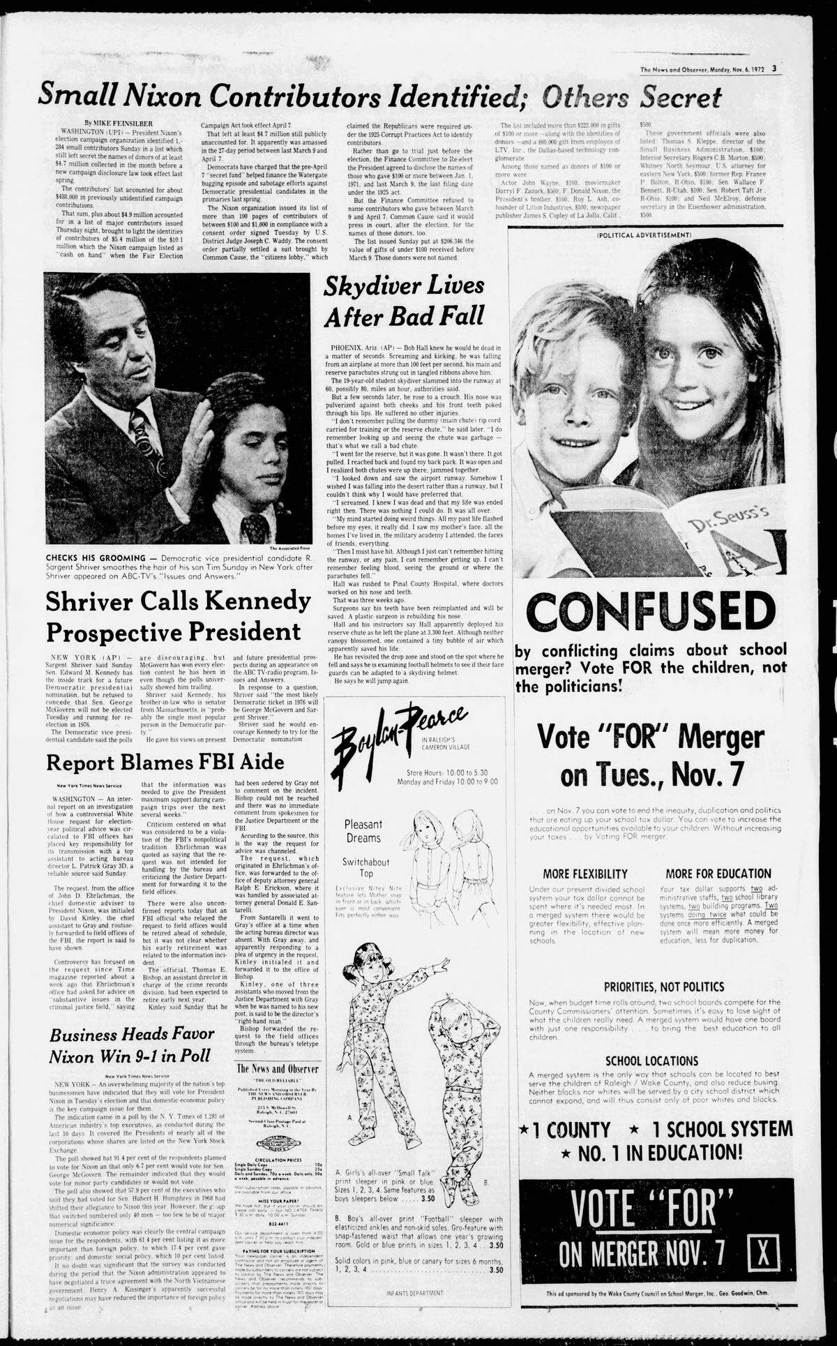 A page from the Nov. 6, 1972 News & Observer featuring a paid ad supporting the non-binding referendum on the merger of Raleigh City and Wake County school systems.
