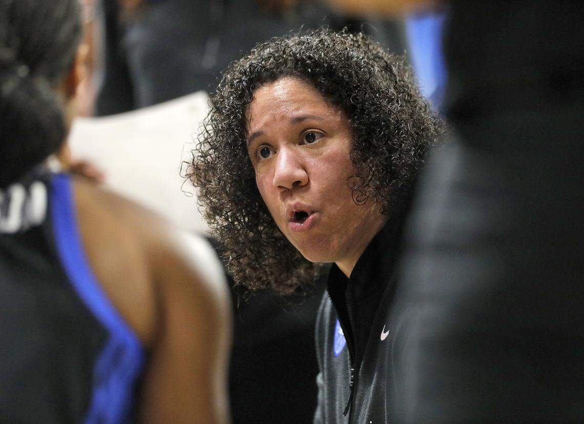 Duke head coach Kara Lawson talks with her team during a timeout in the first half of the Blue Devils’ 74-69 loss to North Carolina on Sunday, March 1, 2026, at Carmichael Arena in Chapel Hill, N.C.