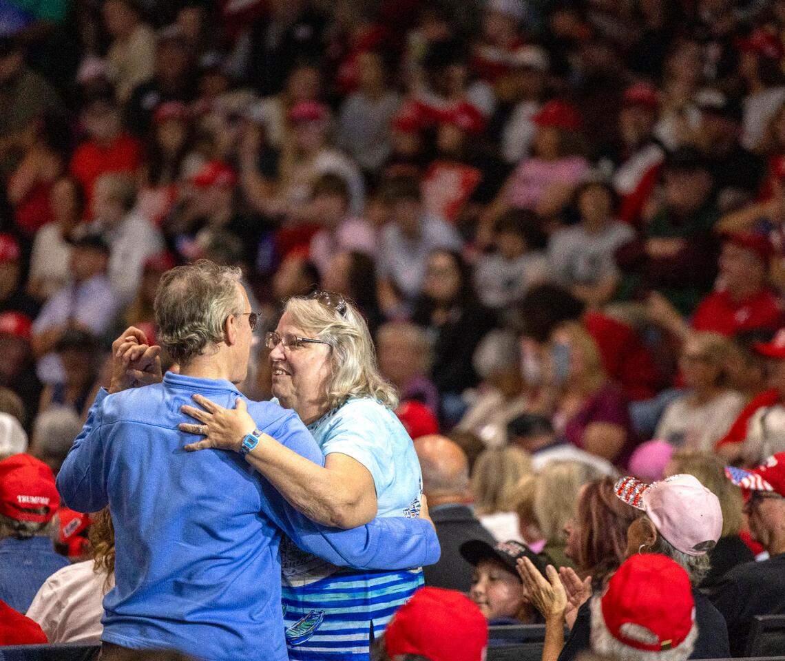A couple dances to a Sinead O’Connor song prior to the arrival of former President Donald Trump, theRepublican presidential nominee, on Wednesday, October 30, 2024 at the Rocky Mount Event Center in Rocky Mount, N.C.