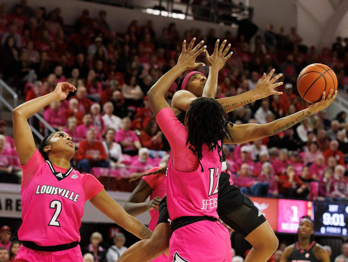 N.C. State’s Aziaha James drives to the basket during the first half of the Wolfpack’s 77-67 win over Louisville on Monday, Feb. 5, 2024, at Reynolds Coliseum in Raleigh, N.C.