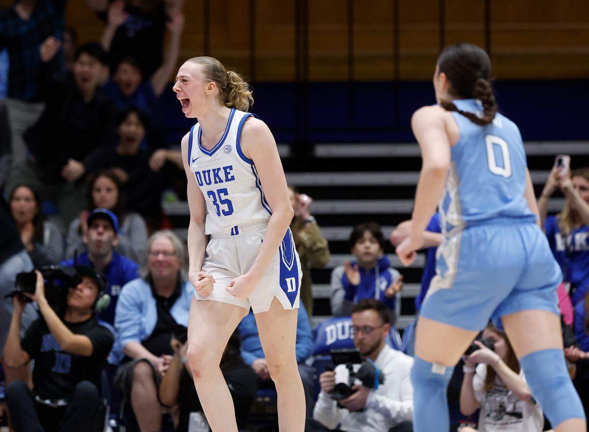 Duke’s Toby Fournier reacts after drawing a foul during the first half of the Blue Devils’ 68-53 win over North Carolina on Thursday, Feb. 27, 2025, at Cameron Indoor Stadium in Durham, N.C.