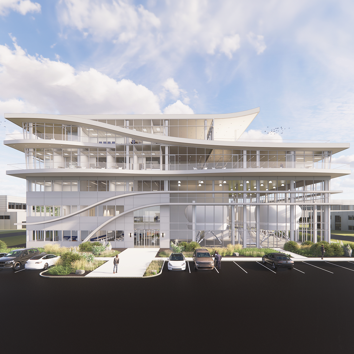 A rendering of the five-story headquarters and training center that the state plans to build for private jet company flyExclusive at the N.C. Global TransPark in Kinston. The General Assembly included $30 million to help build it.