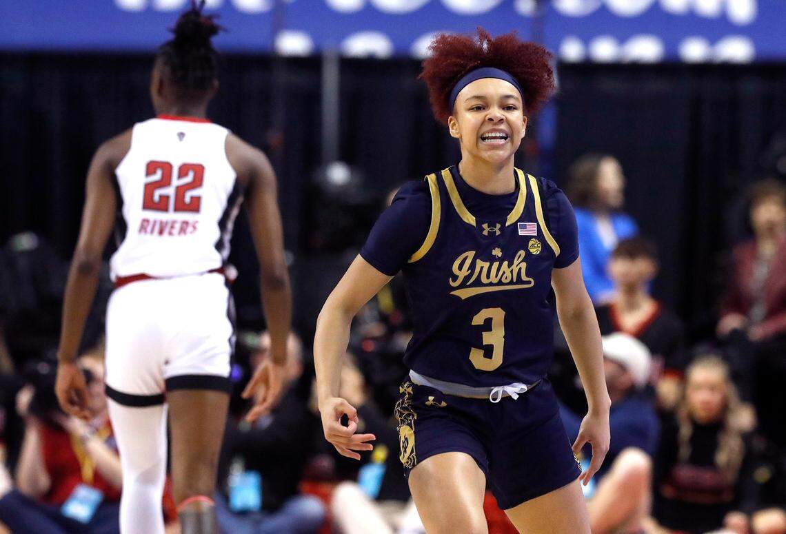 Notre Dame’s Hannah Hidalgo reacts after knocking down a basket during the first half of the Fighting Irish’s 55-51 win over N.C. State in the ACC Tournament final on Sunday, March 10, 2024, at Greensboro Coliseum in Greensboro, N.C.