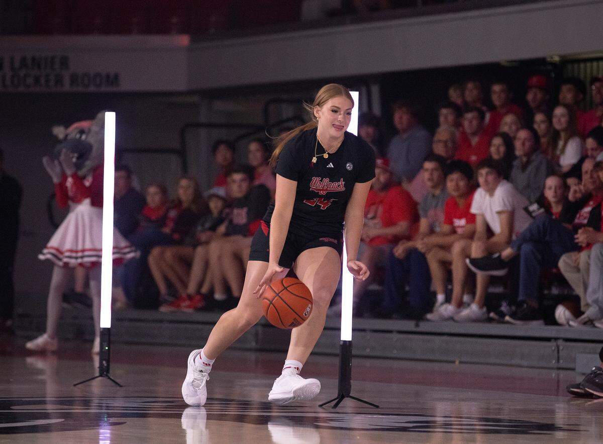 N.C. State’s Laci Steele dribbles down the court during the Primetime with the Pack preseason event on Friday, Oct. 25, 2024, at Reynolds Coliseum in Raleigh, N.C.
