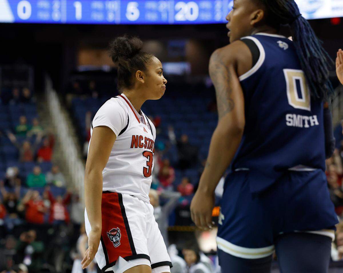 N.C. State’s Zamareya Jones reacts after knocking down a three-point basket during the second half of the Wolfpack’s 73-72 win over Georgia Tech in the ACC Tournament quarterfinals on Friday, March 7, 2025, at First Horizon Coliseum in Greensboro, N.C.