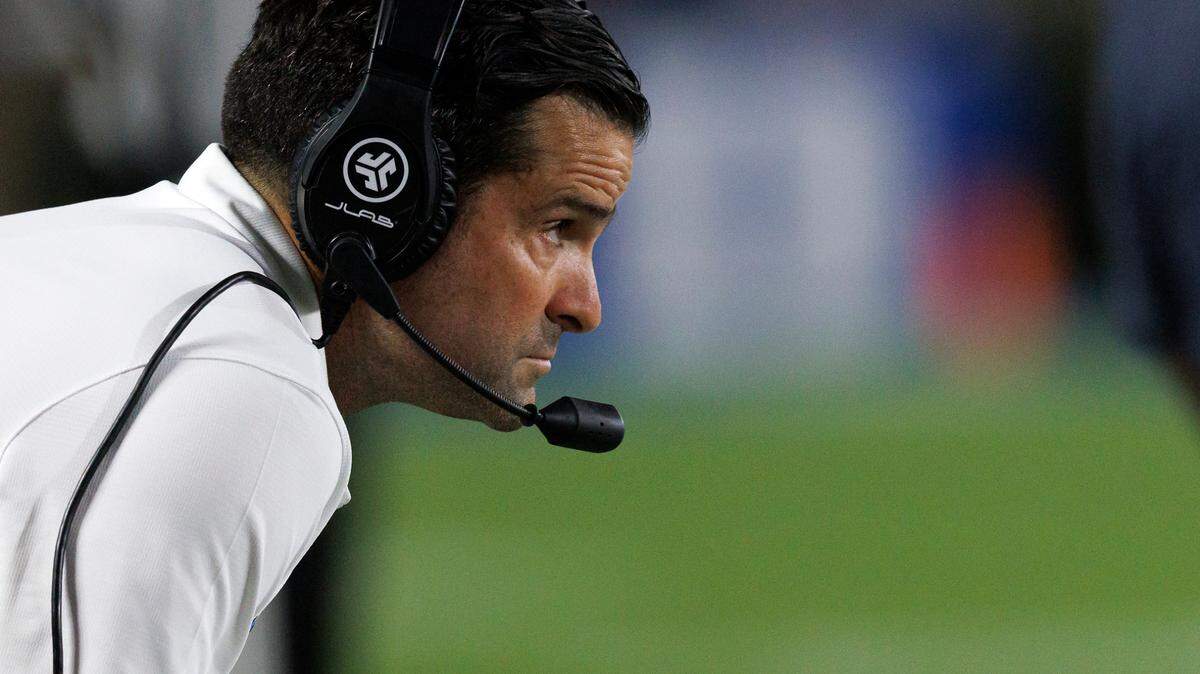 Duke head coach Manny Diaz watches from the sidelines during the second half of the Blue Devils’ 26-3 win over Elon on Friday, Aug. 30, 2024, at Wallace Wade Stadium in Durham, N.C.