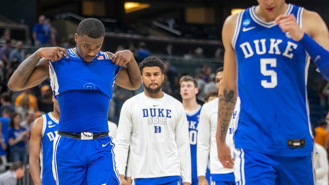 Duke’s Dariq Whitehead (0) and Tyrese Proctor (5) leave the court following the Blue Devils’ 65-52 loss to Tennessee in the second round of the NCAA Tournament on Saturday, March 18, 2023 at the Amway Center in Orlando, Fla.