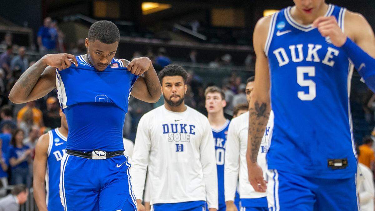Duke’s Dariq Whitehead (0) and Tyrese Proctor (5) leave the court following the Blue Devils’ 65-52 loss to Tennessee in the second round of the NCAA Tournament on Saturday, March 18, 2023 at the Amway Center in Orlando, Fla.