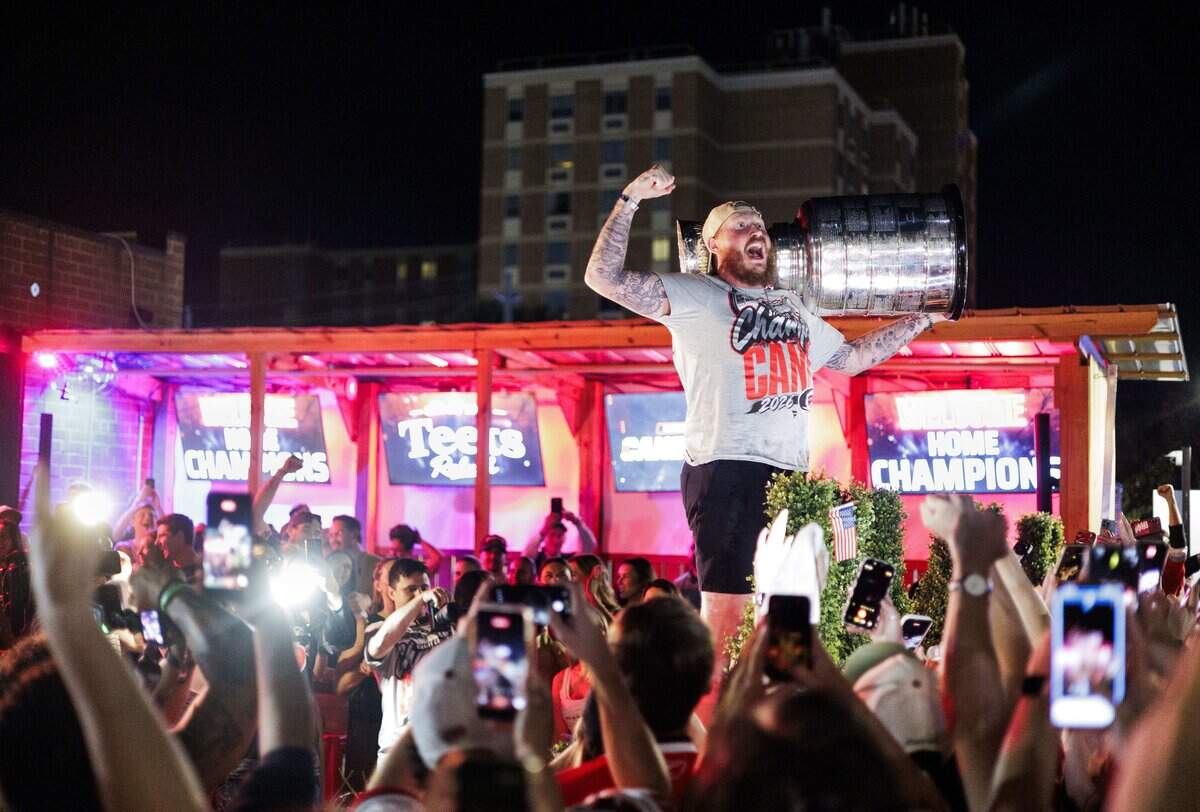 The Stanley Cup makes an appearance at Teets bar in Raleigh's Glenwood South district on Monday, June 15, 2026, as Carolina Hurricanes fans celebrated with the team’s players and staff following the Hurricanes’ Stanley Cup final 4-2 victory over the Vegas Golden Knights the evening prior.