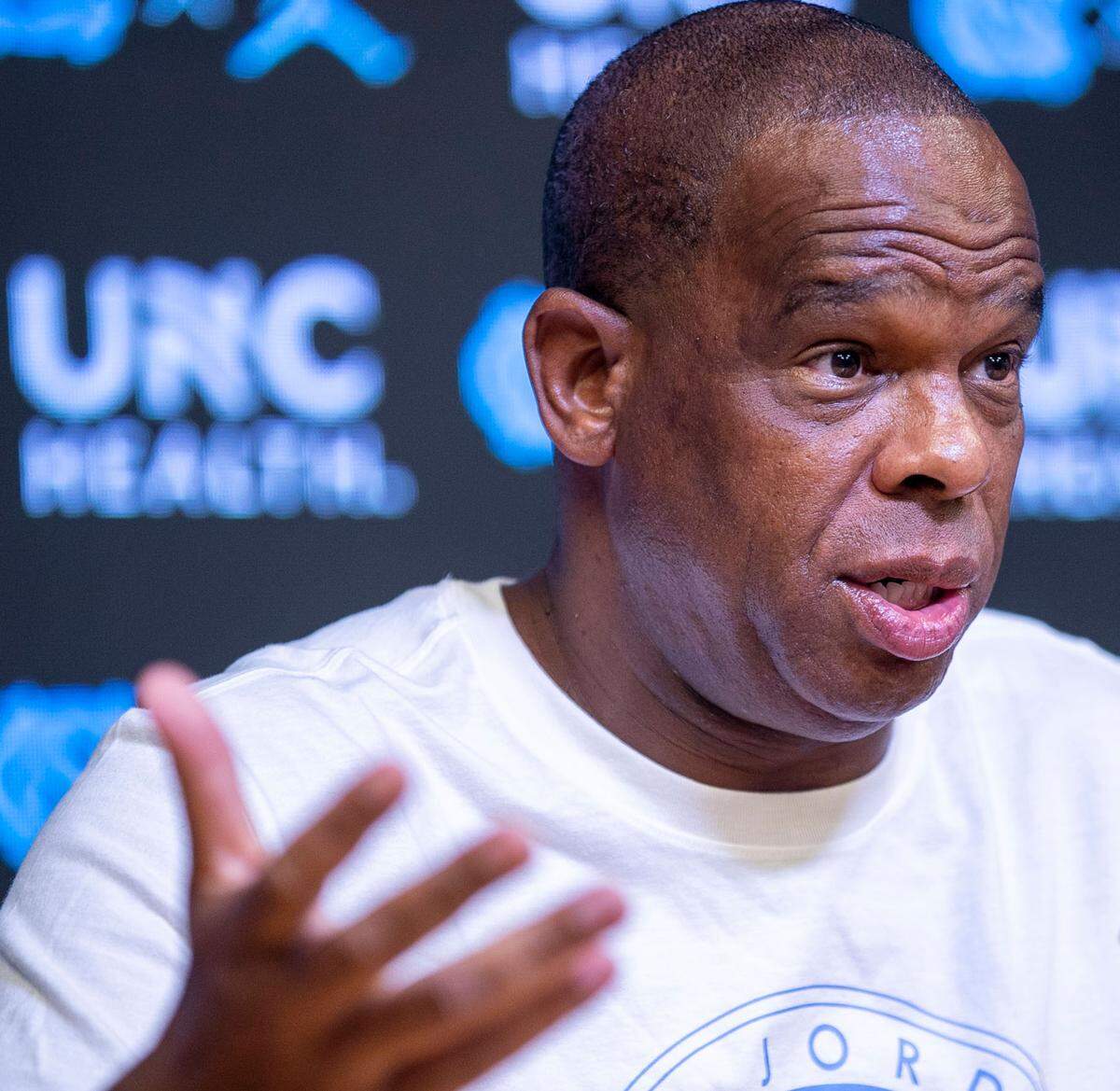 North Carolina coach Hubert Davis talks about the chemistry of his team during a press availability on Wednesday, June 15, 2022 at the Smith Center in Chapel Hill, N.C.