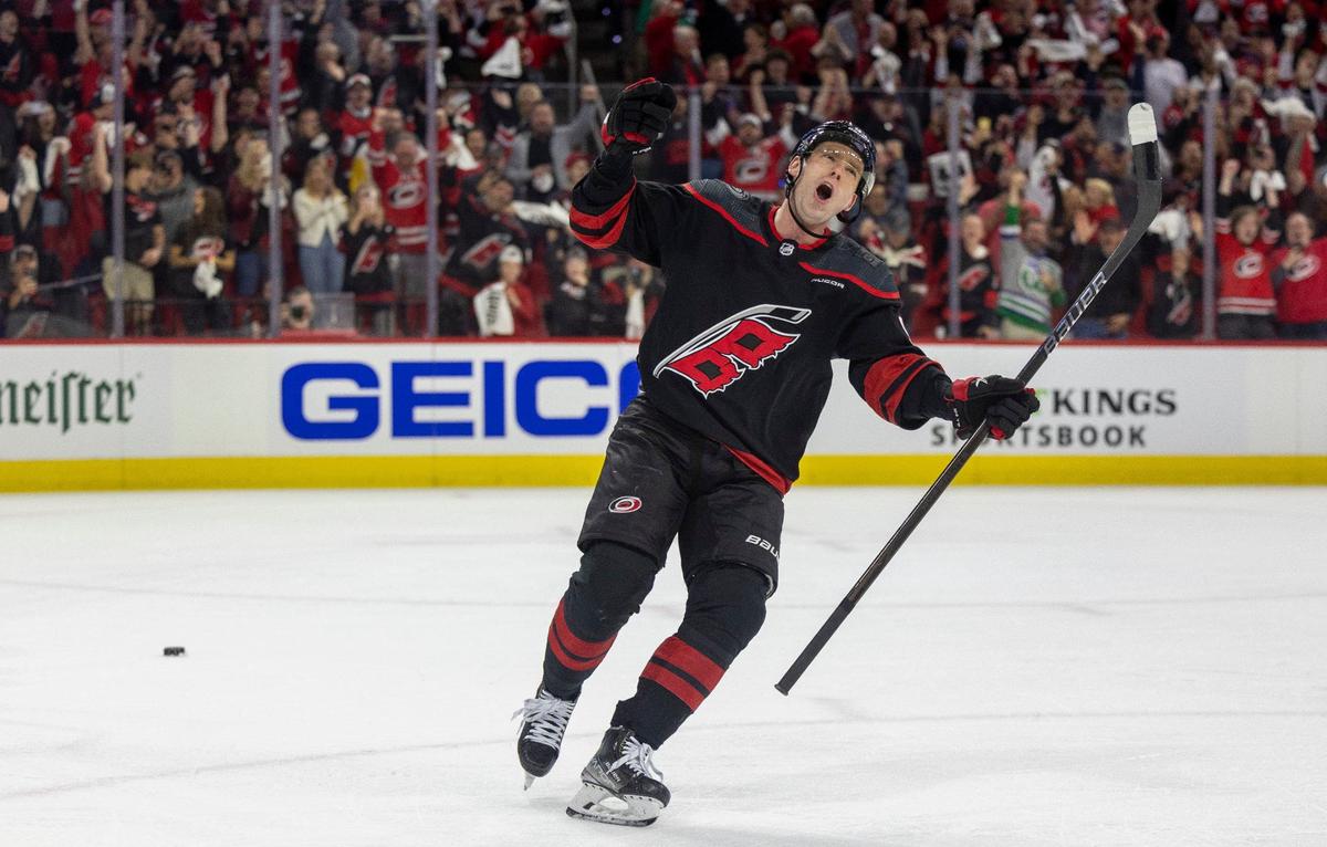 Carolina Hurricanes center Evgeny Kuznetsov (92) reacts after scoring on a penalty shot against New York Islanders goalie Semyon Varlamov (40) in the first period during Game 5 of the NHL Eastern Conference quarterfinals against the New York Islanders on Tuesday, April 30, 2024 at PNC Arena, in Raleigh N.C.