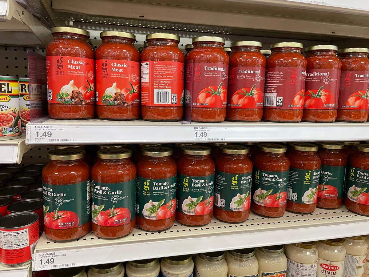 A selection of pasta sauce by Good & Gather, the Target house brand, photographed on June 28. Target was very close in price to Walmart on most items, and cheaper than Walmart on many things.