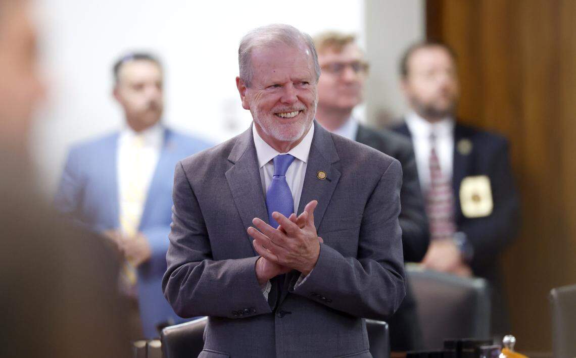 N.C. Senate leader Phil Berger applauds as new senator Jonah Garson is walked into the chamber on the first day of the General Assembly’s short session in Raleigh, Tuesday, April 21, 2026.
