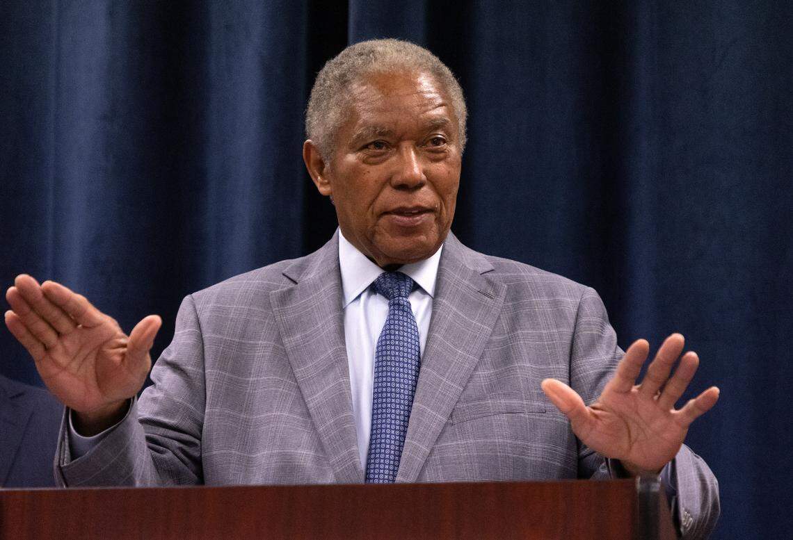 North Carolina Senate Minority Leader Dan Blue speaks about public safety during a press conference at the North Carolina Department of Justice on Monday, May 1, 2023, in Raleigh, N.C.