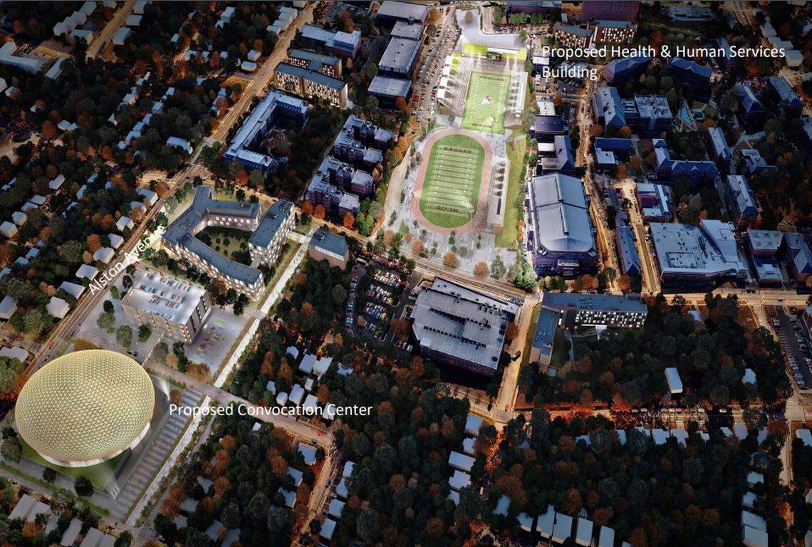 Rendering of proposed convocation arena and Health and Human Performance Center.