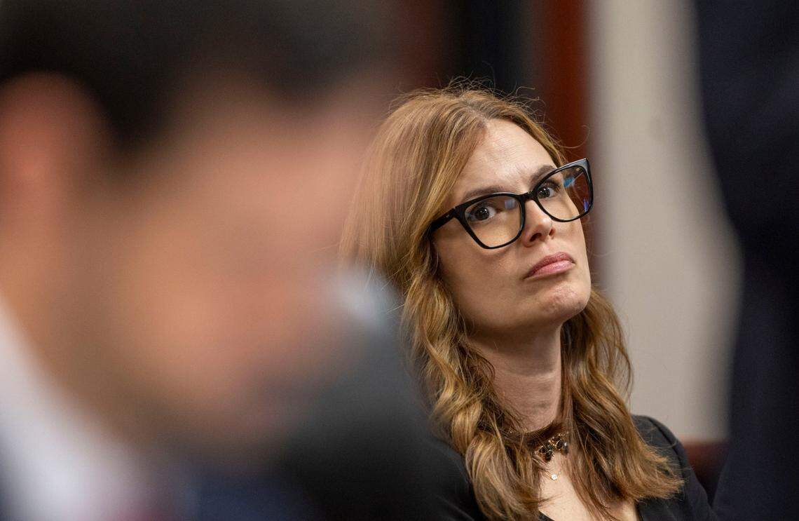 North Carolina Supreme Court Justice Allison Riggs listens to testimony in Wake County Superior Court on Friday, February 7, 2025 in Raleigh, N.C. Riggs, the Democratic incumbent leads Republican challenger Jefferson Griffin by 734 votes following two recounts of the November 2024 election results. Griffin is attempting to have more than 65,000 ballots cast in the election thrown out. Attorneys for both parties are appearing before Wake County Judge William Pittman.