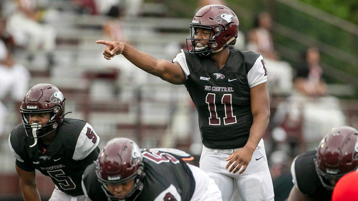 North Carolina Central quarterback Davius Richard (11) directs the offensive unit against Winston-Salem State on Saturday, September 10, 2022 at O’Kelly-Riddick Stadium in Durham, N.C.