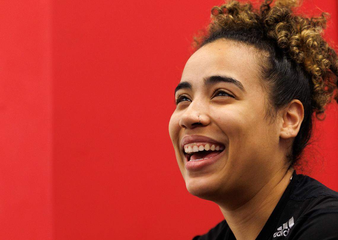 N.C. State’s Madison Hayes smiles while answering questions from media in the locker room on Friday, March 21, 2025, at Reynolds Coliseum in Raleigh, N.C. N.C. State will face Vermont in the first round of the NCAA Tournament on Saturday.