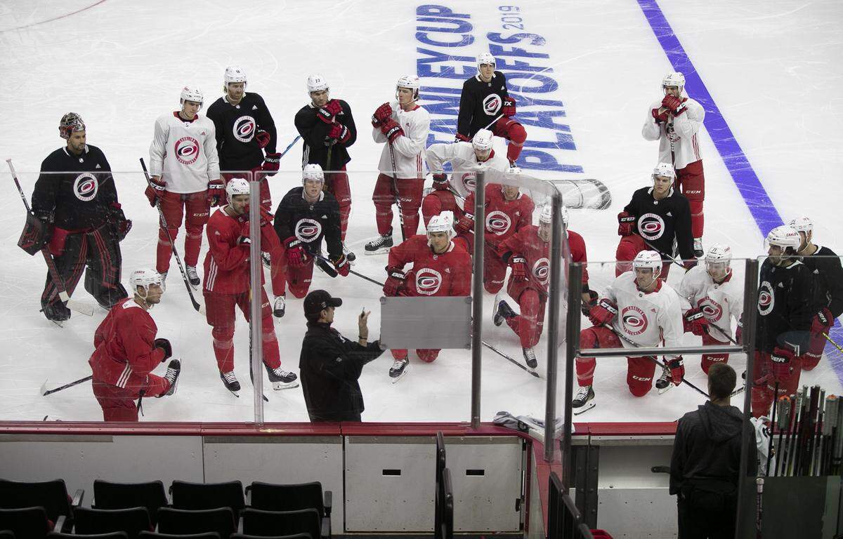 Carolina Hurricanes’ coach Rod Brind’Amour works with his team during practice on Tuesday, April 9, 2019 at PNC Arena in Raleigh, N.C.