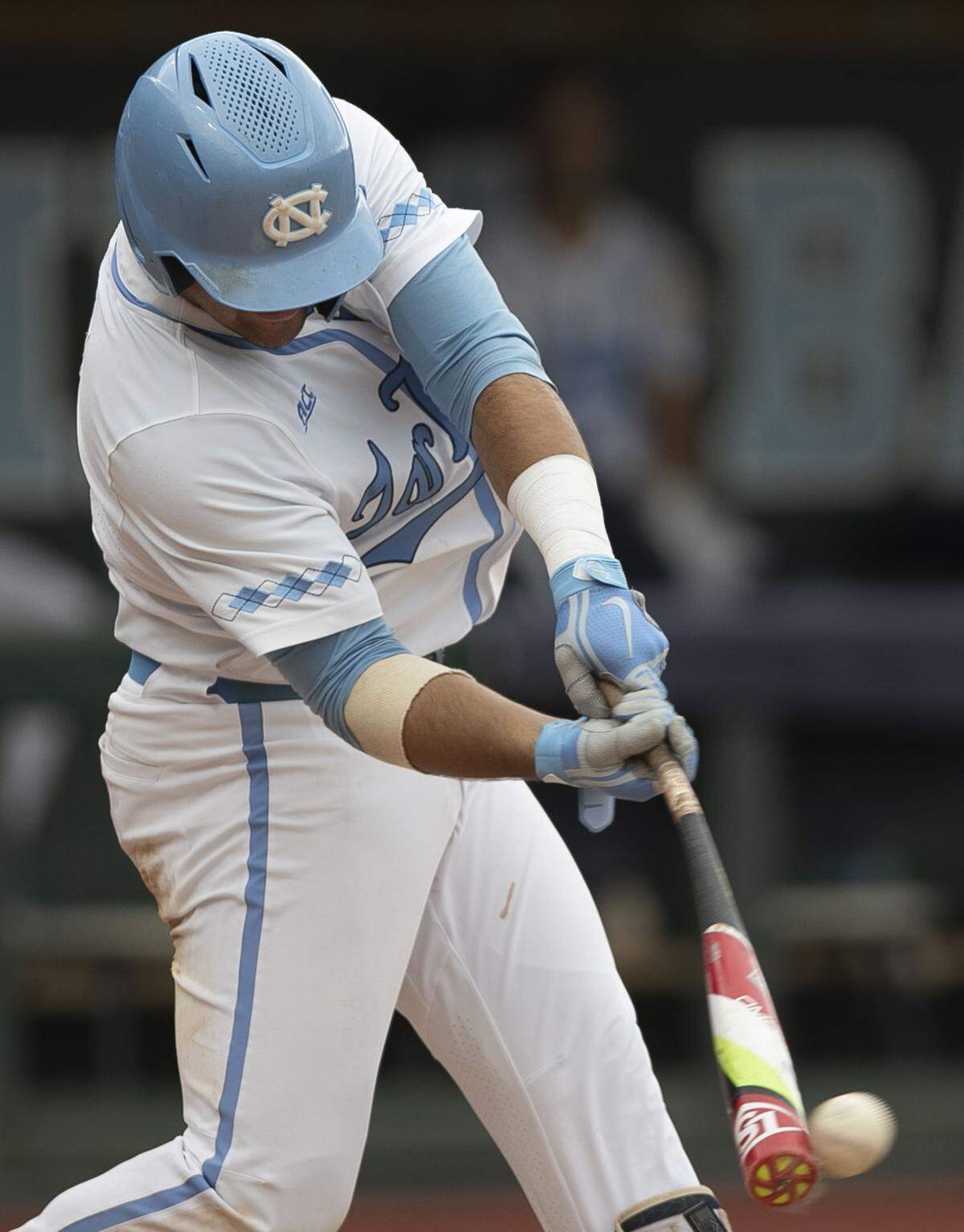 North Carolina’s Aaron Sabato (19) connects for a single in the seventh inning against Auburn during the NCAA Super Regional on Saturday, June 8, 2019 at Boshamer Stadium in Chapel Hill, N.C.