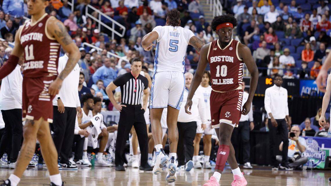 North Carolina’s Armando Bacot (5) heads back to the bench after he was injured during the first half of UNC’s game against Boston College in the second round of the New York Life ACC Men’s Basketball Tournament in Greensboro, N.C., Wednesday, March 8, 2023.