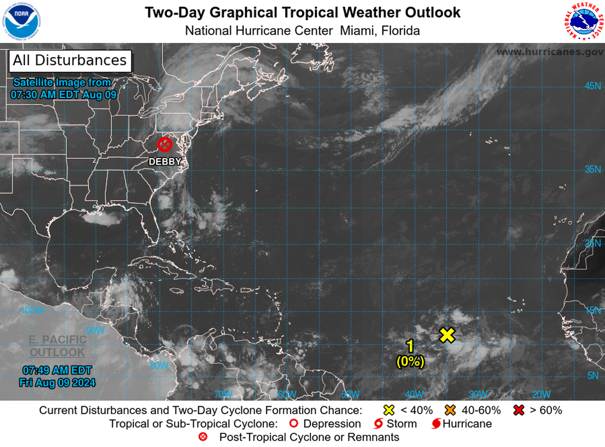 A new tropical wave has formed in the Atlantic that forecasters say is likely to become a depression next week. The remnants of Hurricane Debbie, now a depression, still are moving up the East Coast.