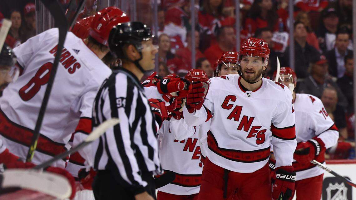 Carolina Hurricanes defenseman Brett Pesce (22) celebrates his goal against the New Jersey Devils during the second period in Game 4 of the second round of the 2023 Stanley Cup Playoffs at Prudential Center on Tuesday, May 9.