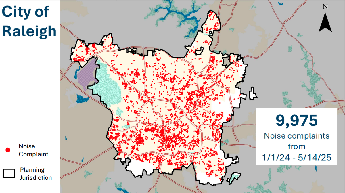 A map of noise complaints received by the city of Raleigh from Jan 1., 2024 until May 14, 2025. 