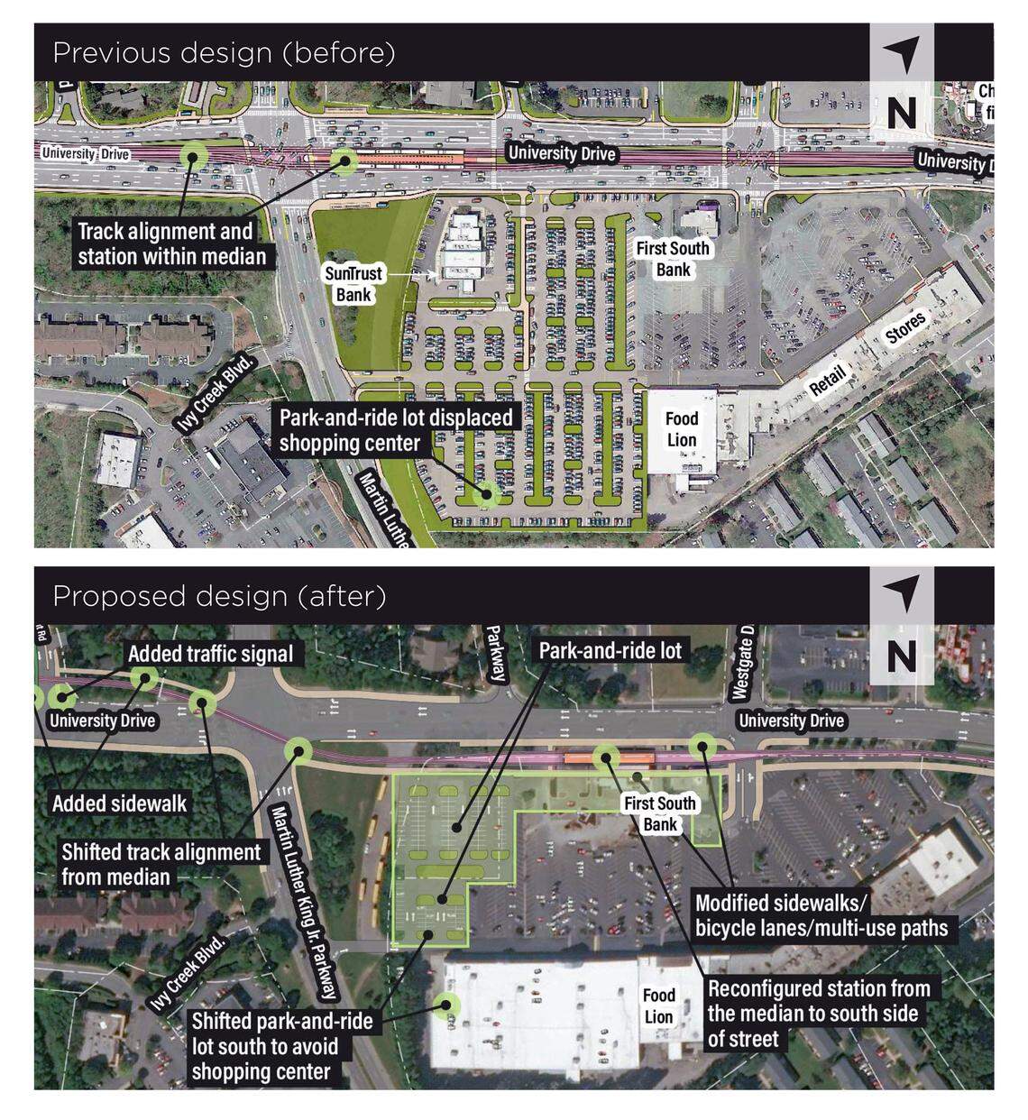 Before and after drawings show how the Martin Luther King Jr. Parkway Station and the light-rail tracks along University Drive could be reconfigured to avoid traffic conflicts and large land purchases.