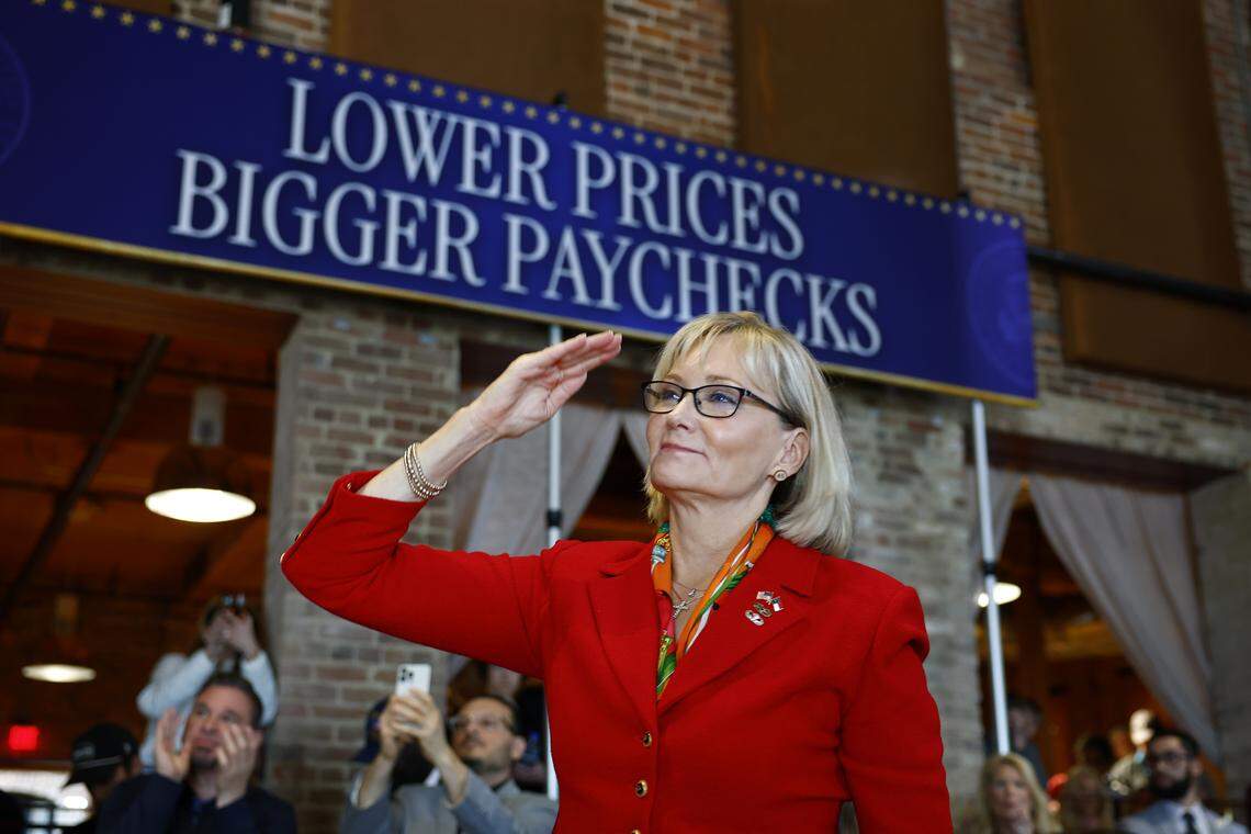 North Carolina Republican Congressional candidate Laurie Buckhout salutes U.S. Vice President JD Vance as he arrives to speak at The Power House on March 13, 2026 in Rocky Mount, North Carolina. Vance traveled to North Carolina to deliver remarks on the Trump administration's economic agenda. 