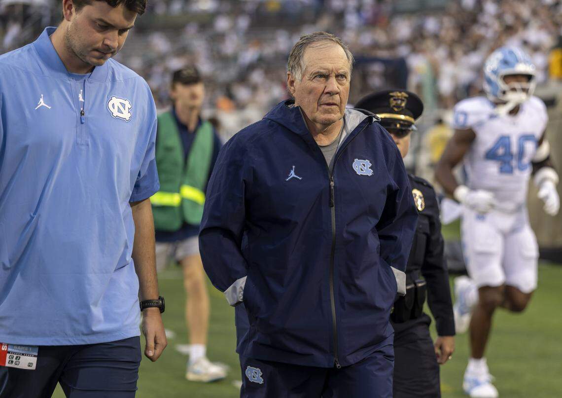 North Carolina coach Bill Belichick leaves the field following the Tar Heels’ warm up on Saturday, September 6, 2025 at Jerry Richardson Stadium in Charlotte, N.C. 